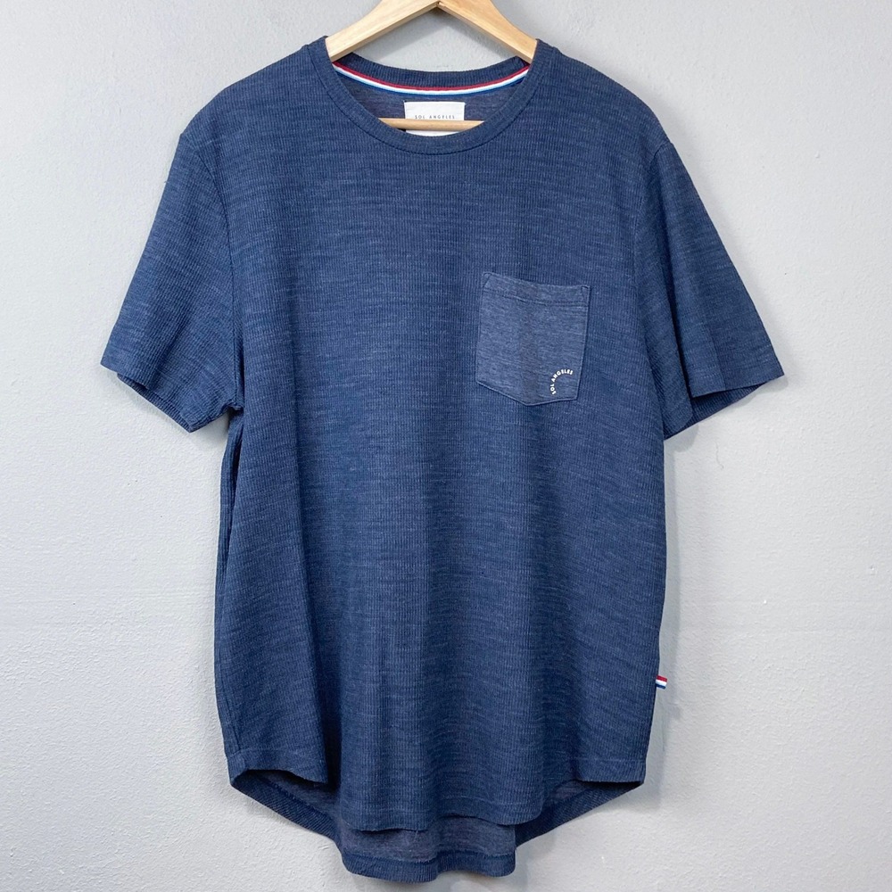 SOL ANGELES Pocket T Shirt Size L Navy Blue Thermal Knit Minimalist Casual Retro